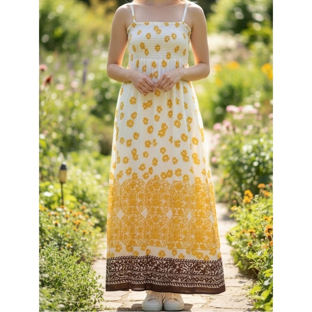 Roxy Maxi Dress Women's Small White Yellow Floral Smocked Boho
